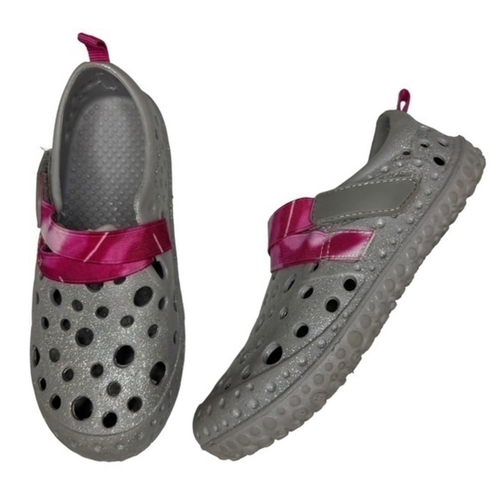 Western Chief Water Shoes Gray Silver Glitter Sparkles Pink Strap Girls Size 13